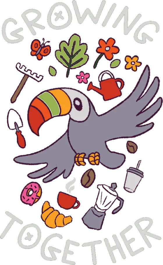 Growing Together illustration: the CaféTico toucan in flight
