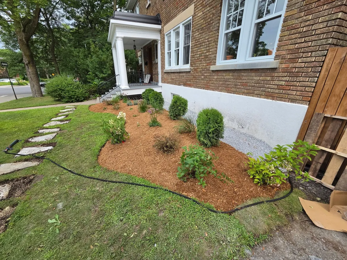Curved planted garden bed with mulch and a stepping-stone path beside a brick house, Outremont