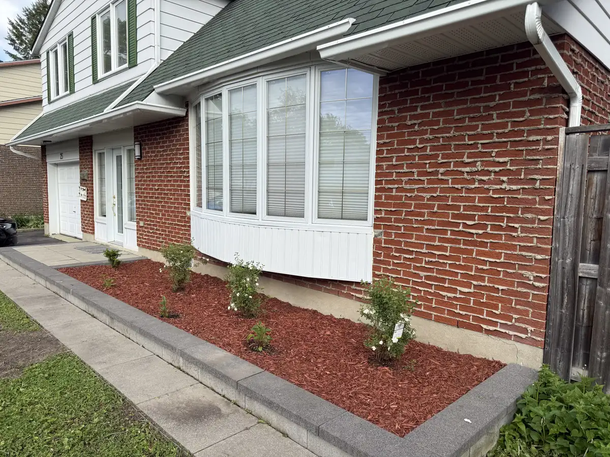Side-of-house planting bed with shrubs and red mulch